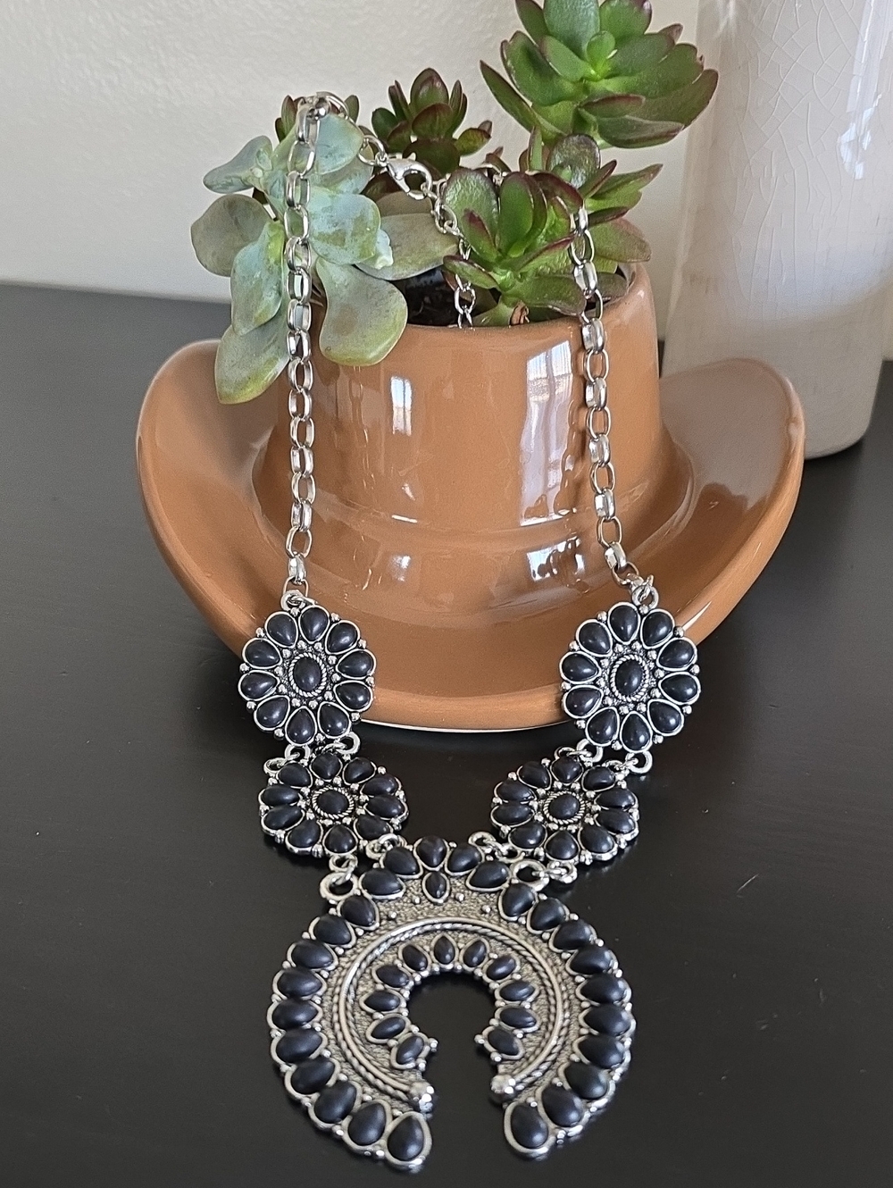 Western Bohemian Style Long Horseshoe Pendant Necklace Black Turquoise
